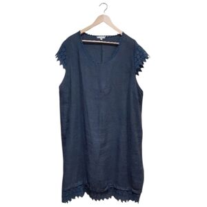 Carina Ricci Women's Linen Dress Lace Cap Sleeves & Hem Trim Blue Size 2X